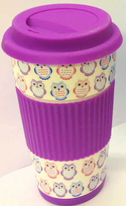 Owl Take Away Thermal Insulated Ceramic Eco Cup Travel Mug Silicon Lid & Grip (Purple) - hanrattycraftsgifts.co.uk