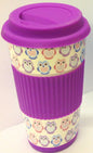 Owl Take Away Thermal Insulated Ceramic Eco Cup Travel Mug Silicon Lid & Grip (Purple) - hanrattycraftsgifts.co.uk