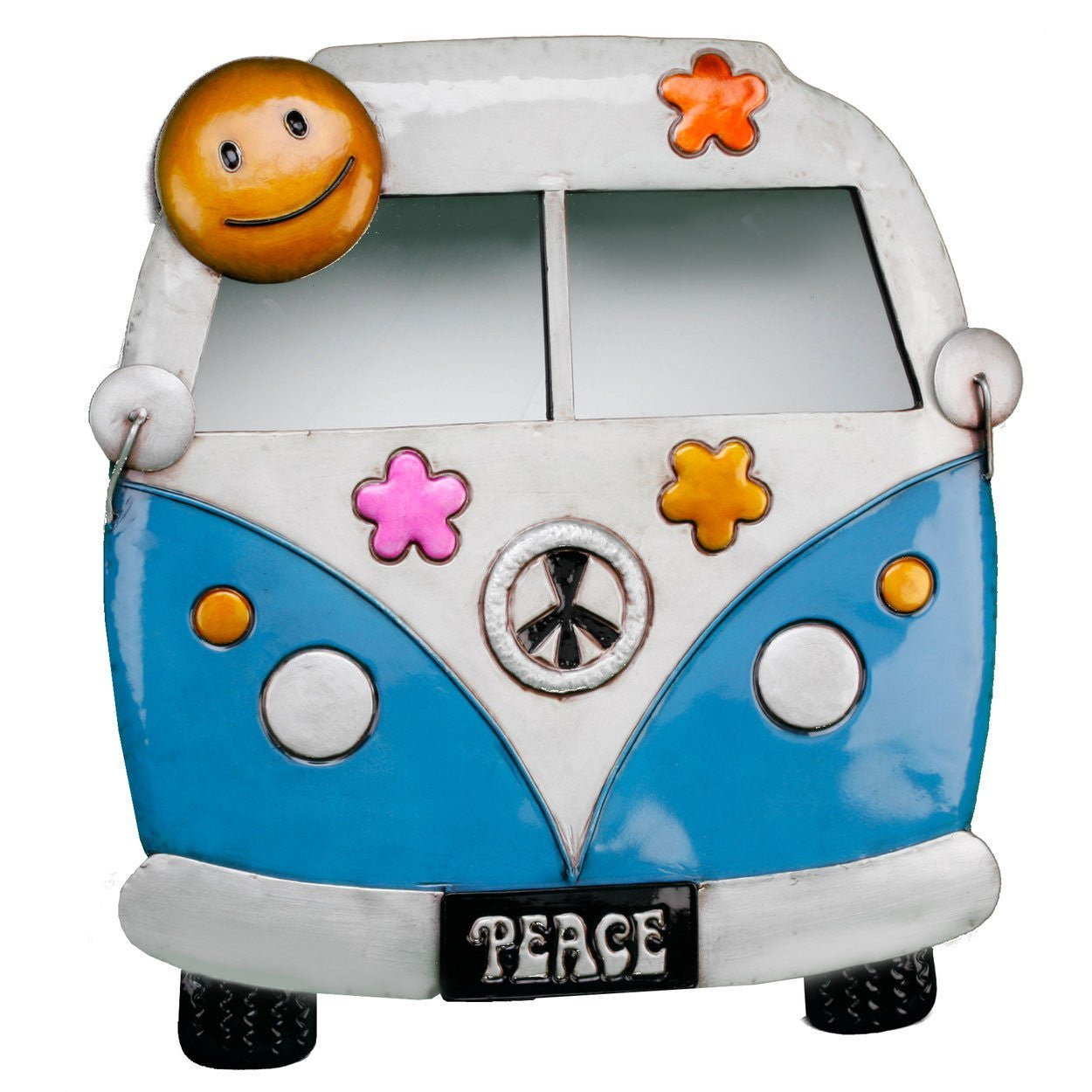Metal Wall Art Hanger - Funky Blue Camper Van Decoration with Windshield Mirror - hanrattycraftsgifts.co.uk