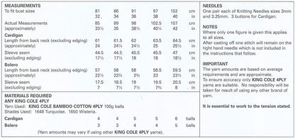 King Cole 4481 Knitting Pattern Ladies Cardigan and Bolero in Bamboo Cotton 4ply - hanrattycraftsgifts.co.uk