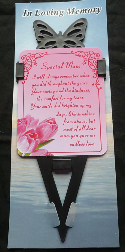 Mum Memorial laminated waterproof card with butterfly spike holder stake - hanrattycraftsgifts.co.uk