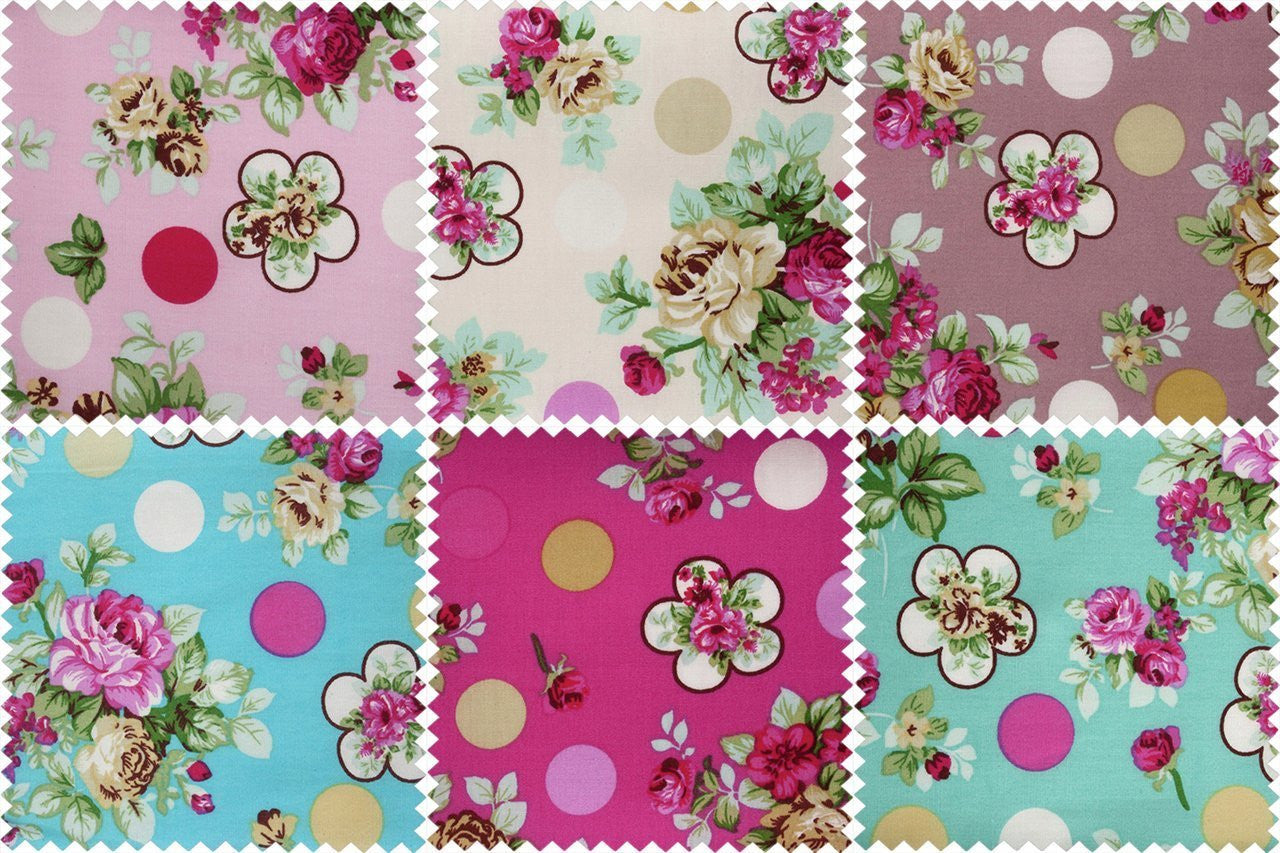 Fat Quarter Bundle: Cotton: 6 x 54cm x 45cm: Roses and Dots - hanrattycraftsgifts.co.uk