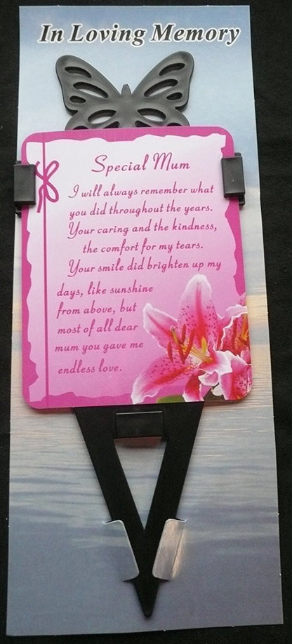 Mum Memorial laminated waterproof card with butterfly spike holder stake - hanrattycraftsgifts.co.uk