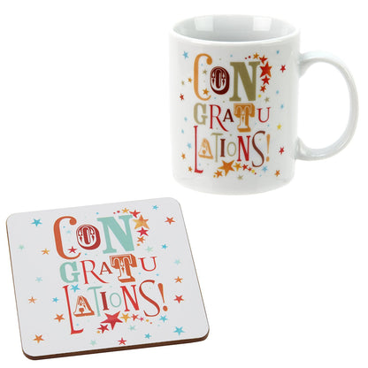 Congratulations ! Funky Gift Set Mug and Cork coaster - hanrattycraftsgifts.co.uk