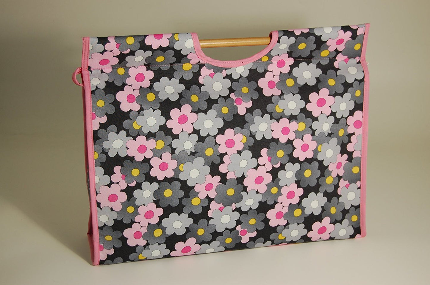 Knitting Bag with double wooden handles - delightful, modern, fabric showing pink & grey flowers on a dark background - hanrattycraftsgifts.co.uk