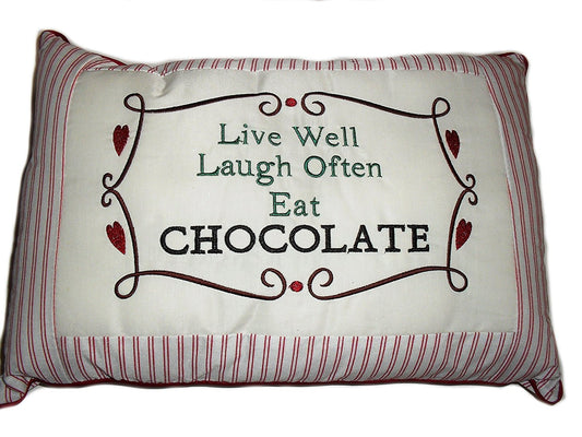 Live Well, Laugh Often, Eat Chocolate" Funny Decorative Cushion - hanrattycraftsgifts.co.uk