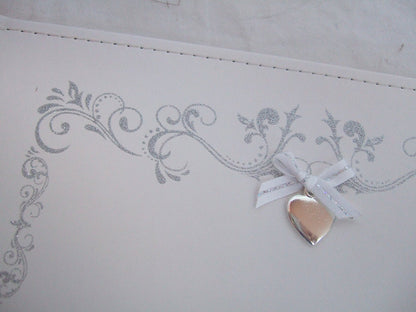 White and Silver Wedding Guest Book with Love Heart Motif - 40 Double Sided Pages - hanrattycraftsgifts.co.uk