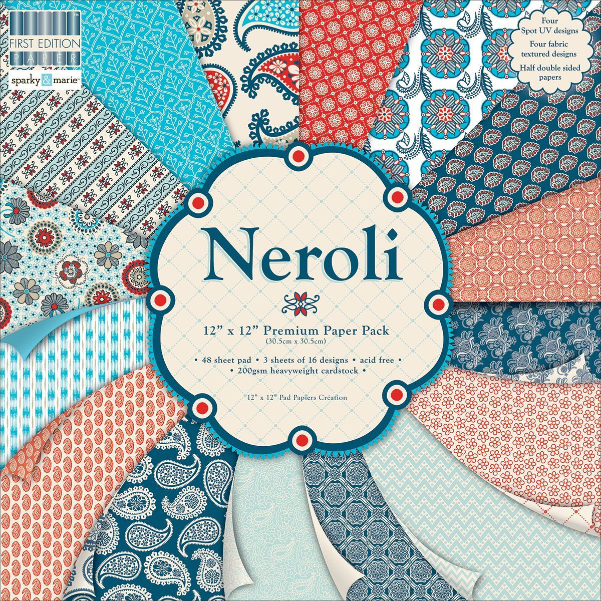 neroli 12x12 premium paper pad 48 sheet 3 sheets of 16 designs 200gsm - hanrattycraftsgifts.co.uk