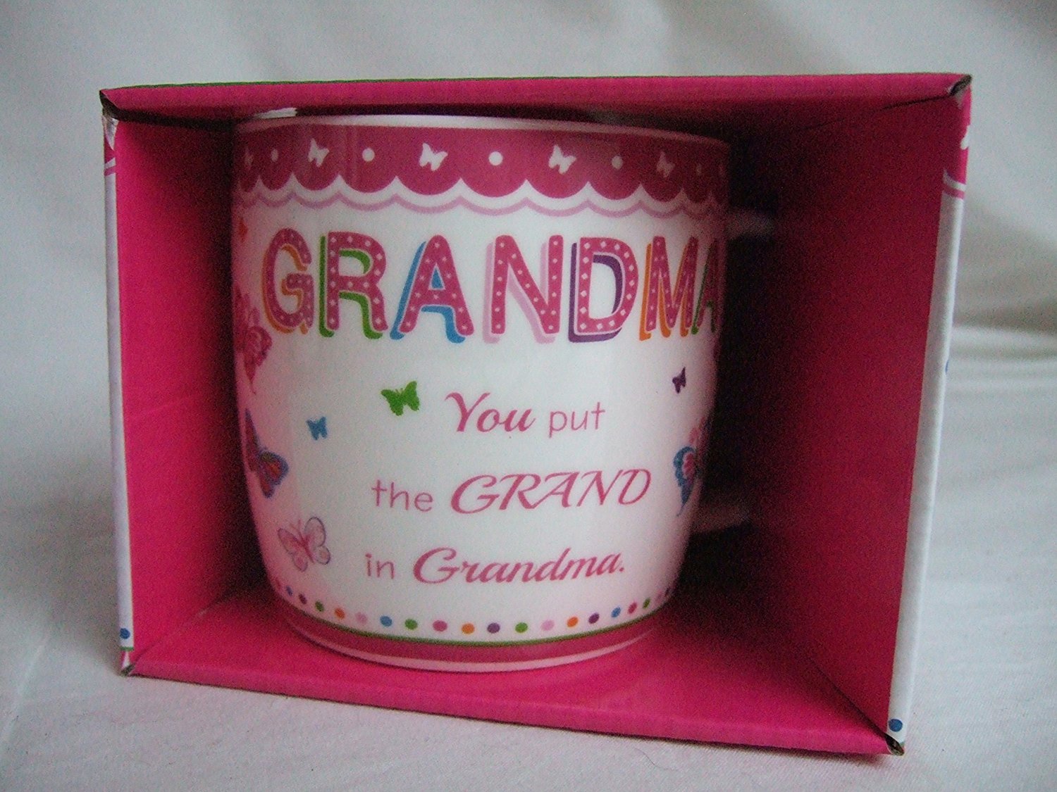 "Grandma" Pink Butterfly Pattern Sentimental Mug - hanrattycraftsgifts.co.uk